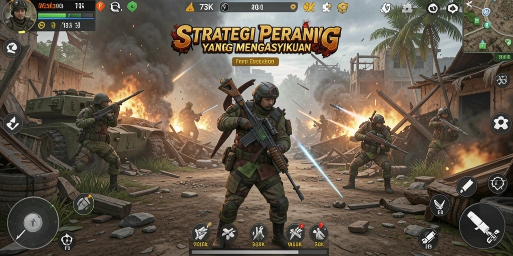 Tampilan gameplay 73K yang menampilkan aksi strategi yang intens