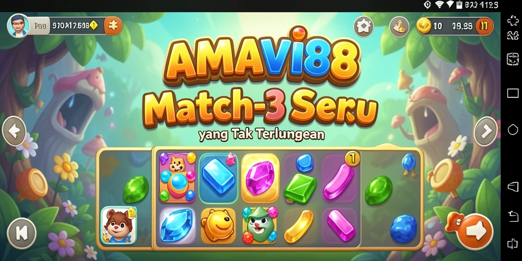 Screenshot gameplay AMAVI88 menampilkan kombinasi objek cerah dalam tantangan Match-3.