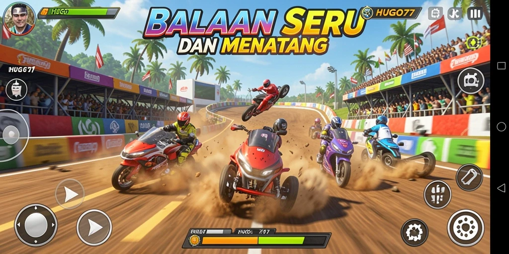Screenshot gameplay HUGO77 yang menampilkan aksi balapan mendebarkan.