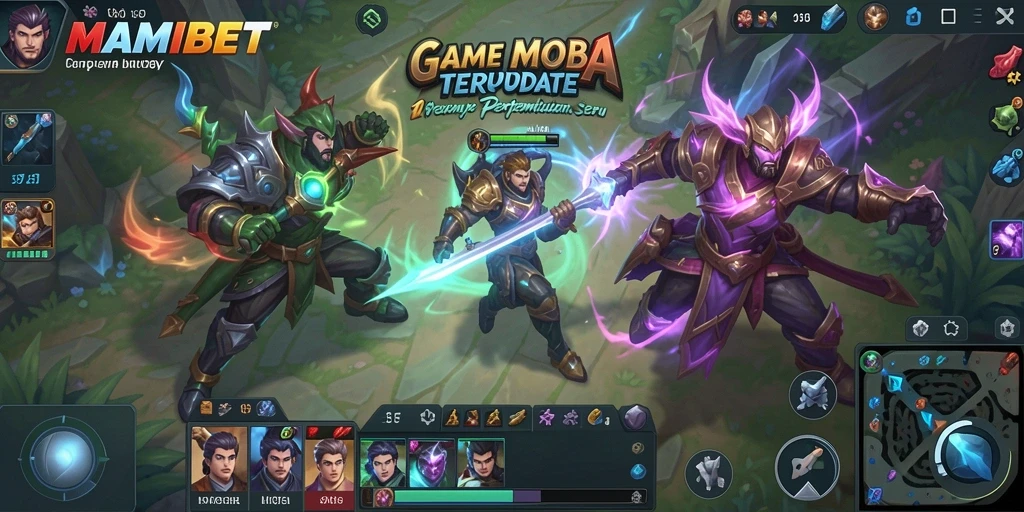 Screenshot gameplay MOBA MAMIBET dengan aksi pertempuran yang mendebarkan.